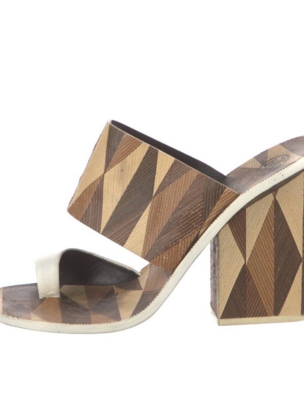 Tory Burch Brown and Cream Geometric Block Heel Espadrille Slide